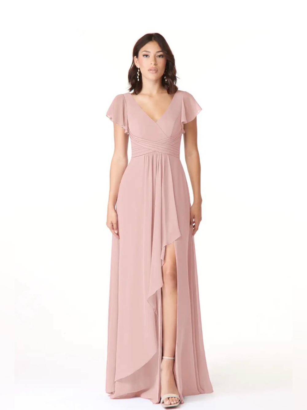 Azazie Omari Dusty Rose Pink V-Neck Flutter Sleeve Gown